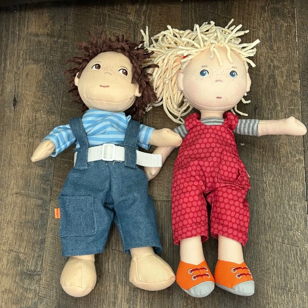HABA Soft Fabric Dolls‎ Lot of 2 Cassie and Graham 12 Inch Overalls Freckles